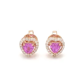 14K & 18K Gold Pink Sapphire Heart and Halo Diamond Stud Earrings