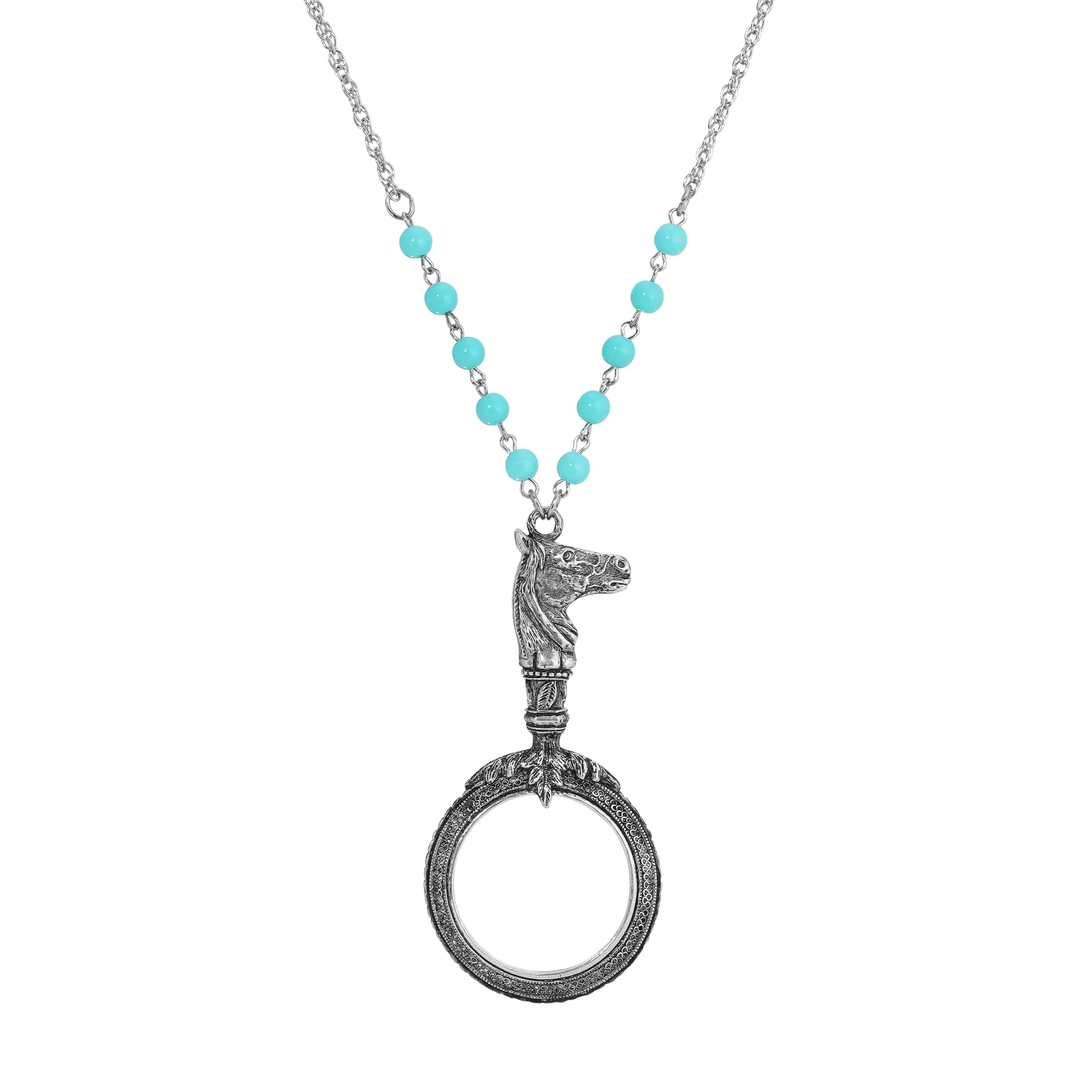 1928 Jewelry Turquoise Bead Equine Magnifying Glass Pendant Necklace 28L - Magnification Power: 1-2X