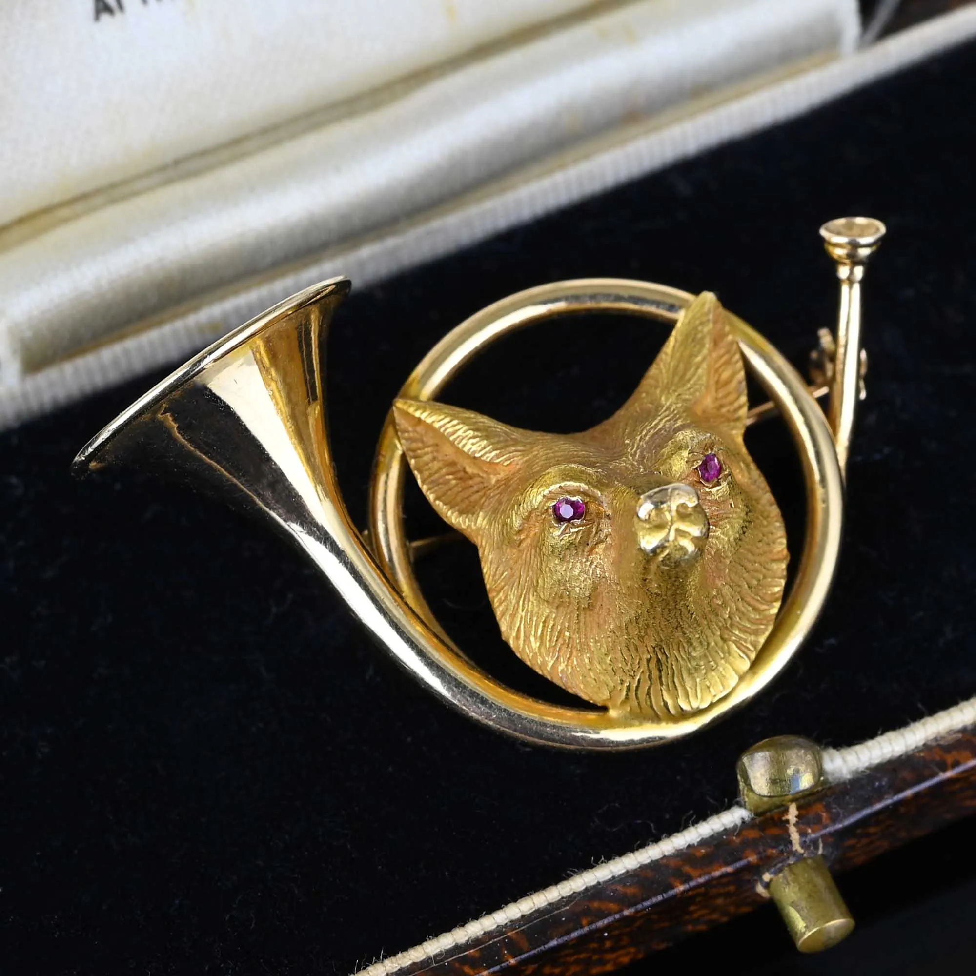 Antique 14K Gold Hunting Horn Ruby Eye Fox Brooch