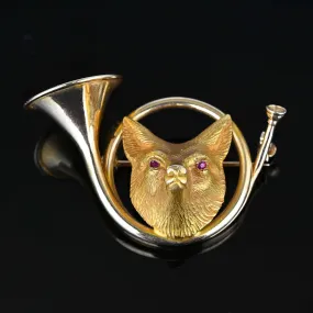 Antique 14K Gold Hunting Horn Ruby Eye Fox Brooch