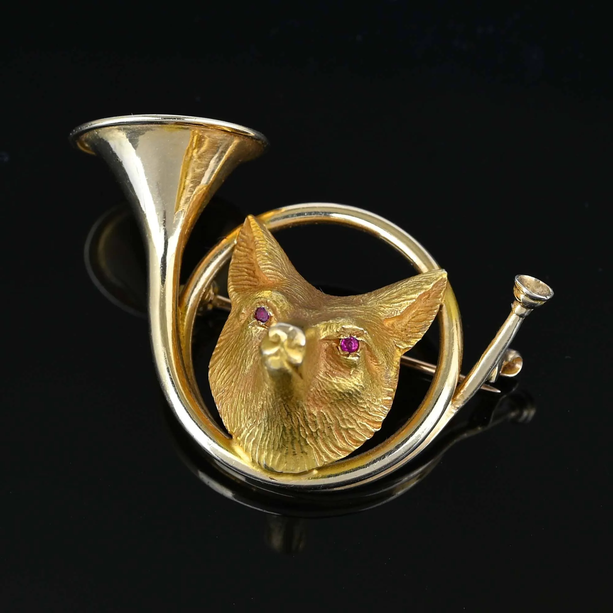 Antique 14K Gold Hunting Horn Ruby Eye Fox Brooch