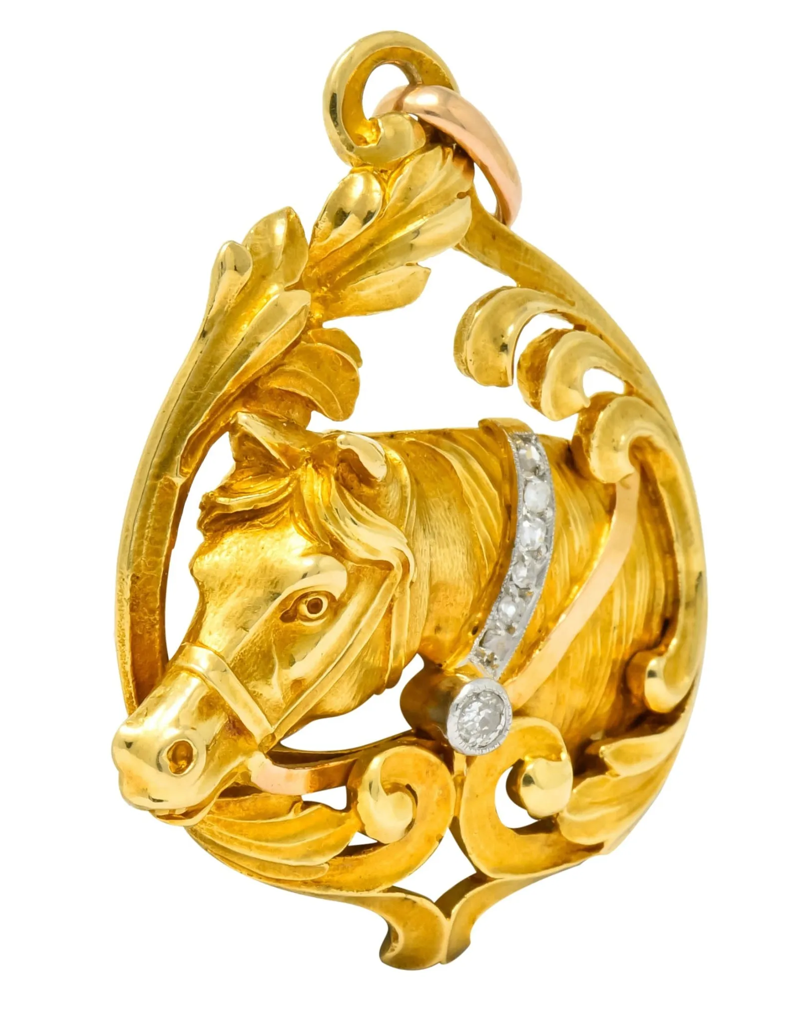 Art Nouveau Diamond 18 Karat Yellow Gold Horse Equestrian Pendant