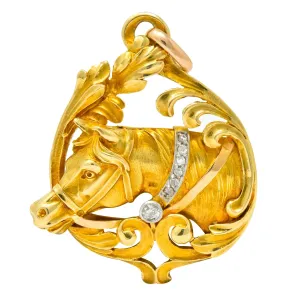 Art Nouveau Diamond 18 Karat Yellow Gold Horse Equestrian Pendant