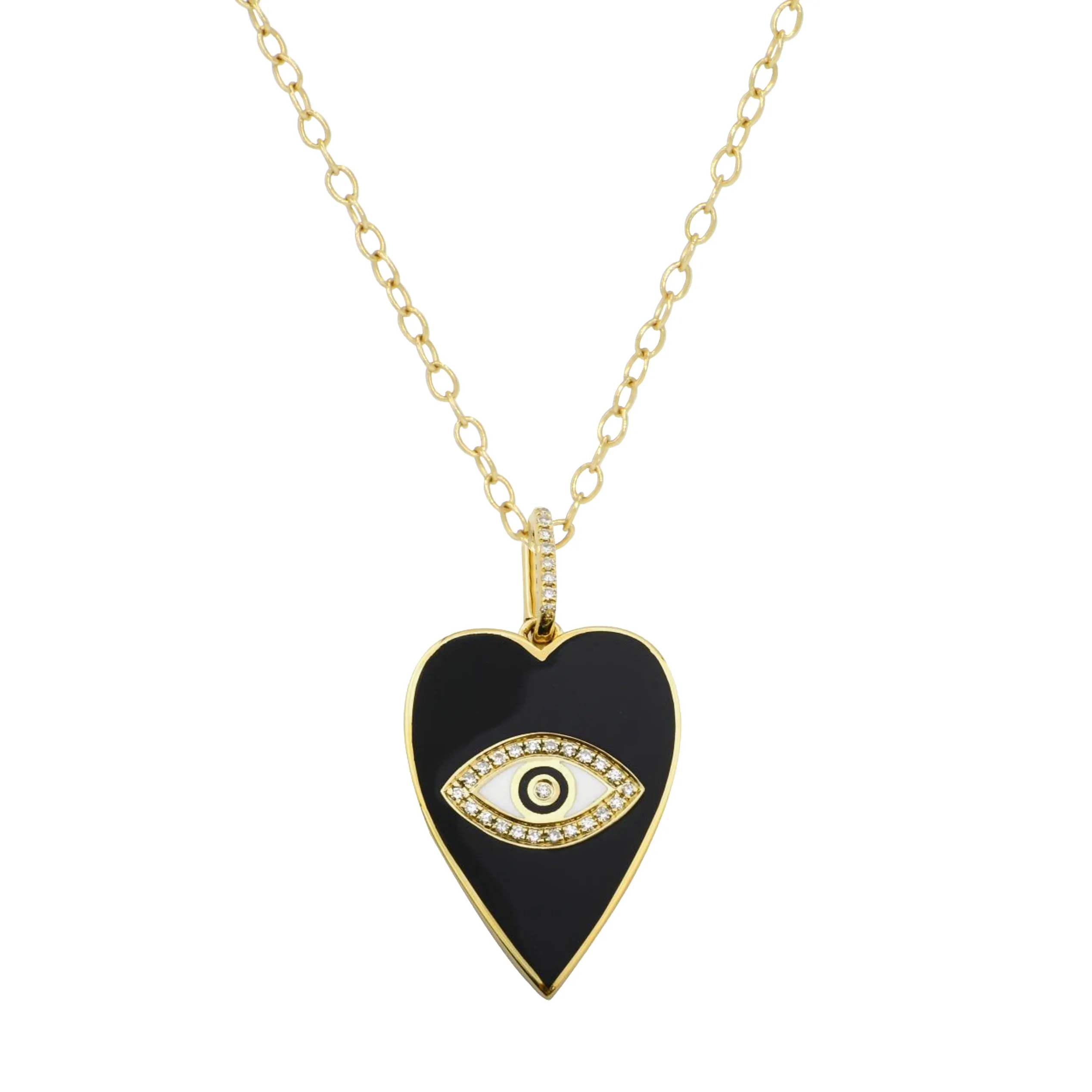 Black Enamel Heart and Evil Eye Necklace With Diamonds - Large