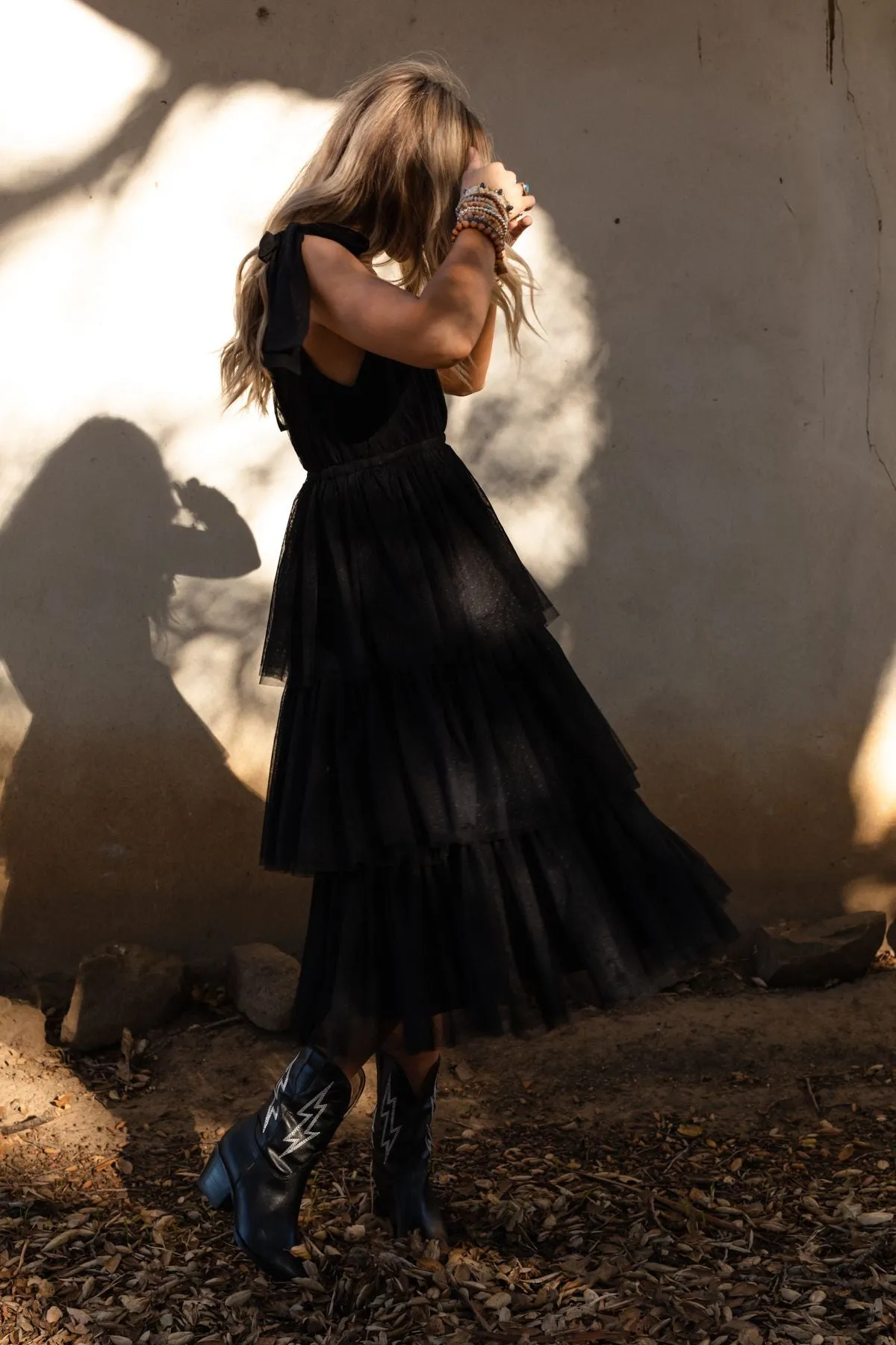 Boho Ballerina Tiered Tulle Dress - Black