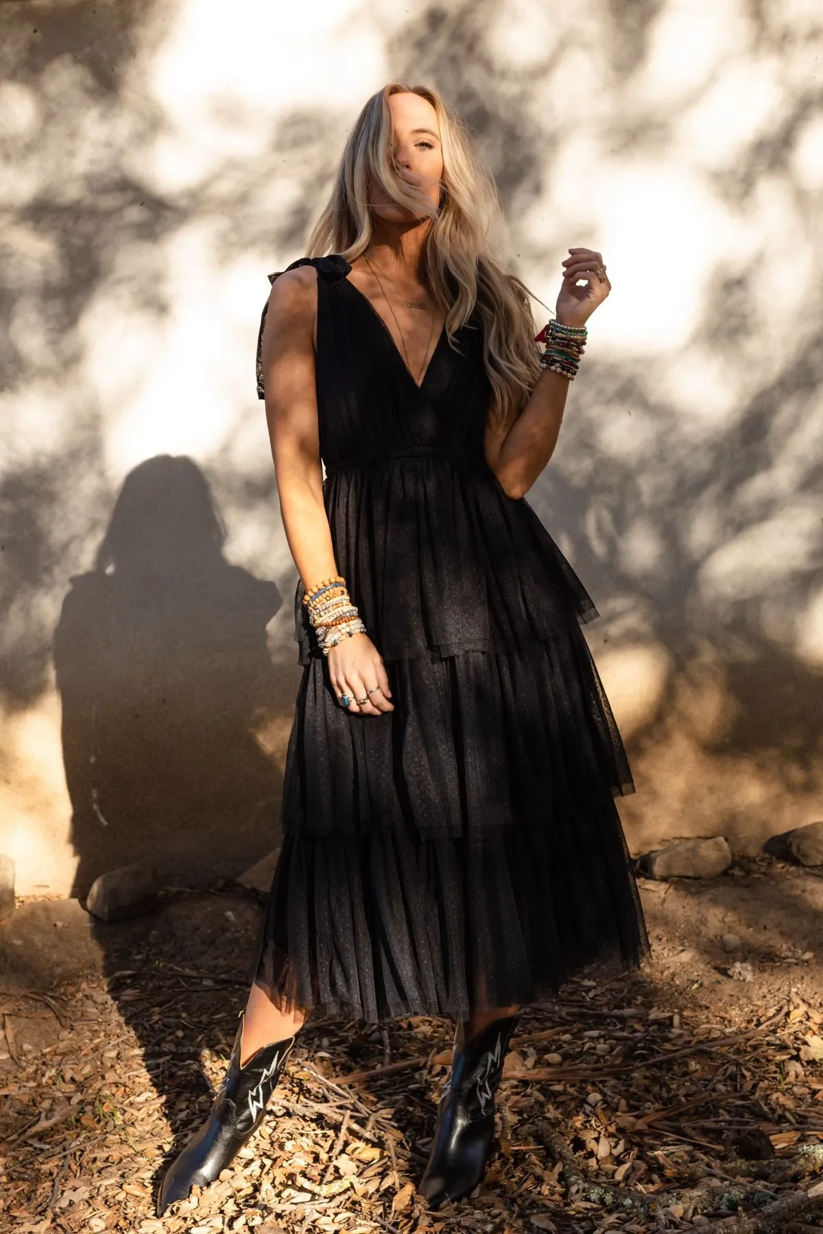 Boho Ballerina Tiered Tulle Dress - Black