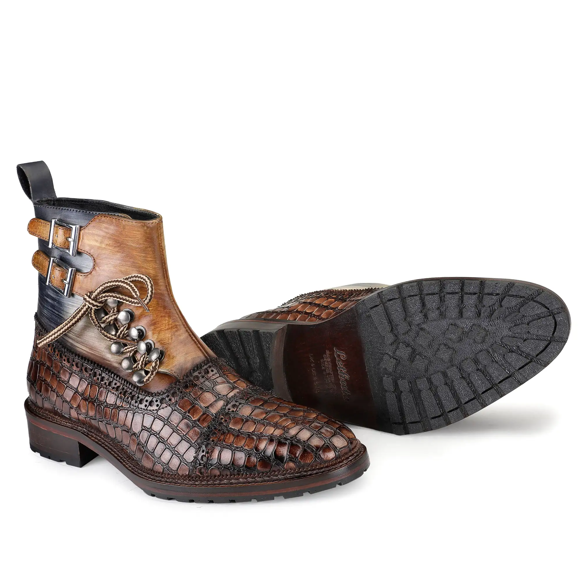 Cap Toe  Lace up Boots - Croc Brown