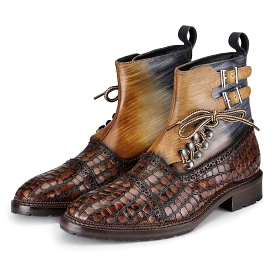 Cap Toe  Lace up Boots - Croc Brown