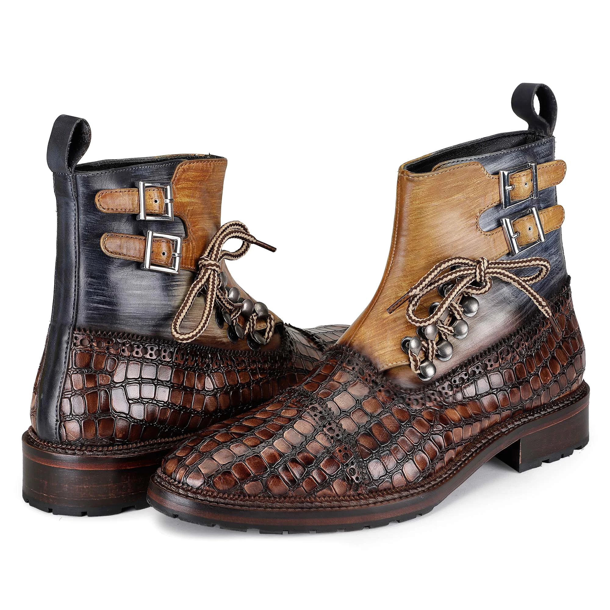 Cap Toe  Lace up Boots - Croc Brown