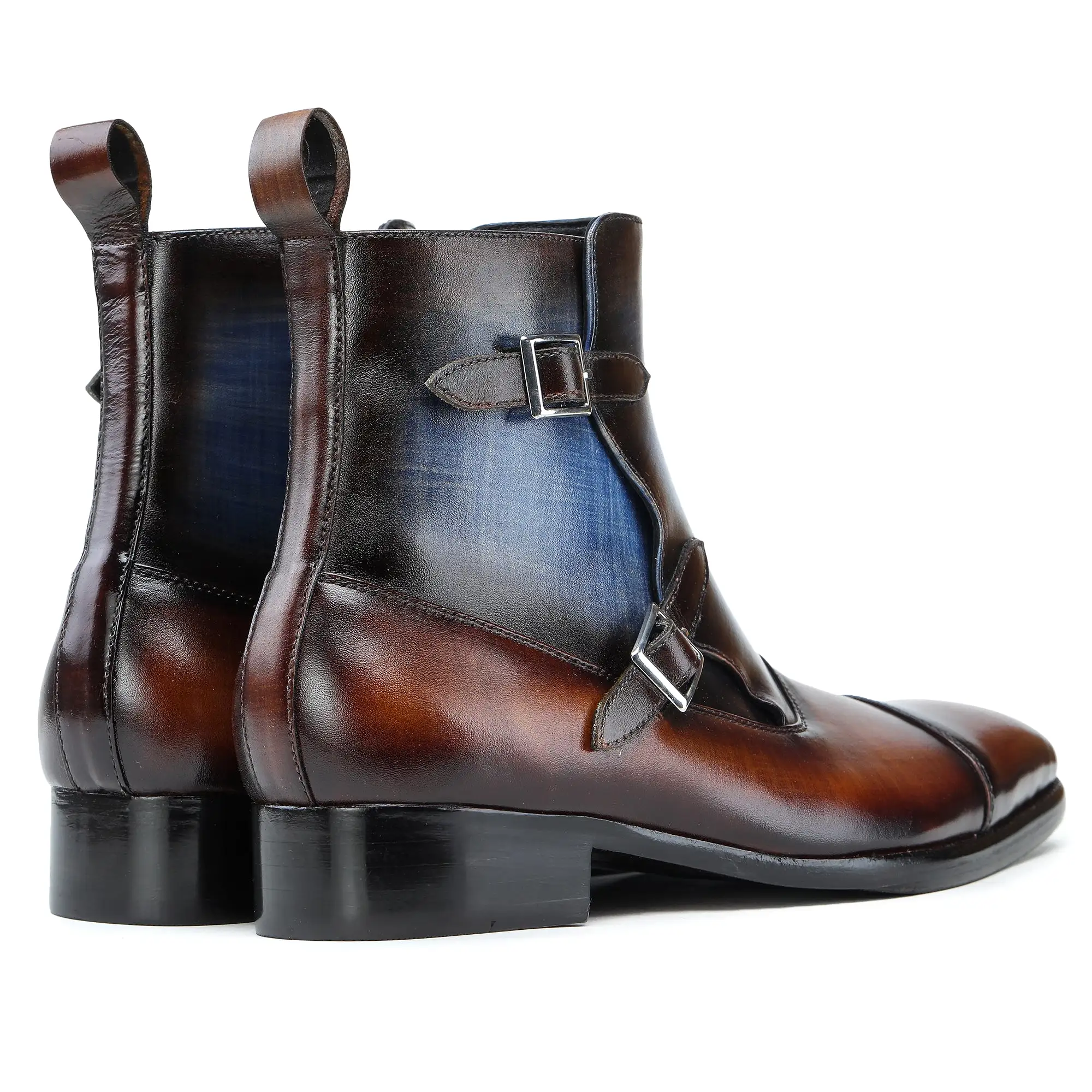 Captoe Double Monk Strap Zipper Boots - Brown & Blue