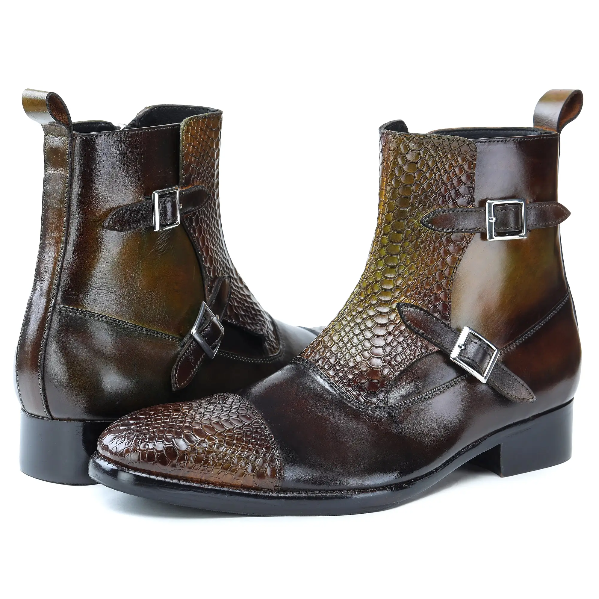 Captoe Double Monk Strap Zipper Boots - Olive