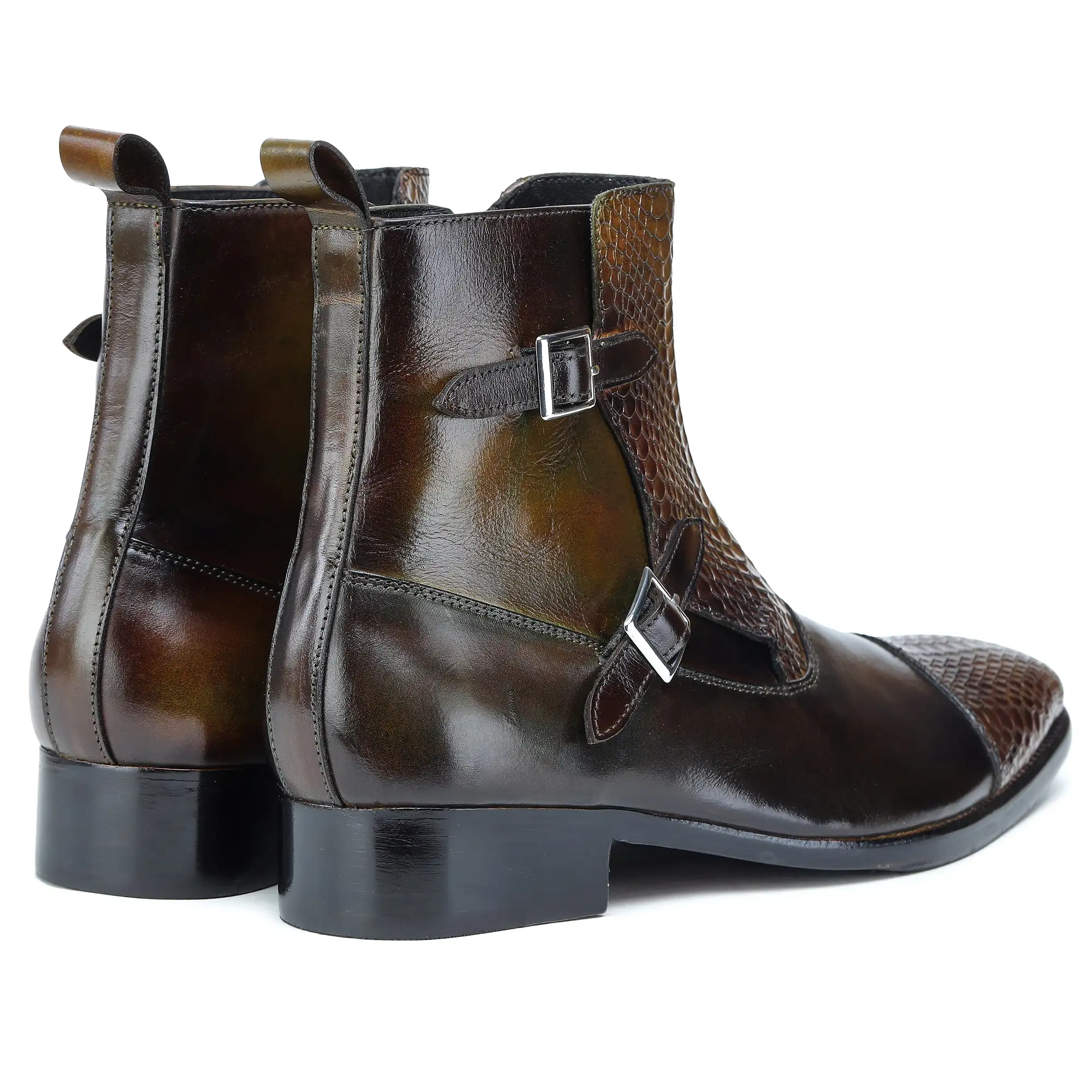 Captoe Double Monk Strap Zipper Boots - Olive