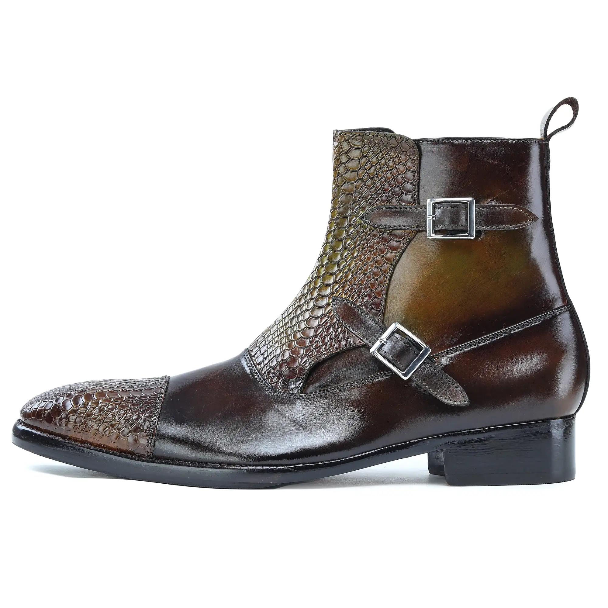 Captoe Double Monk Strap Zipper Boots - Olive