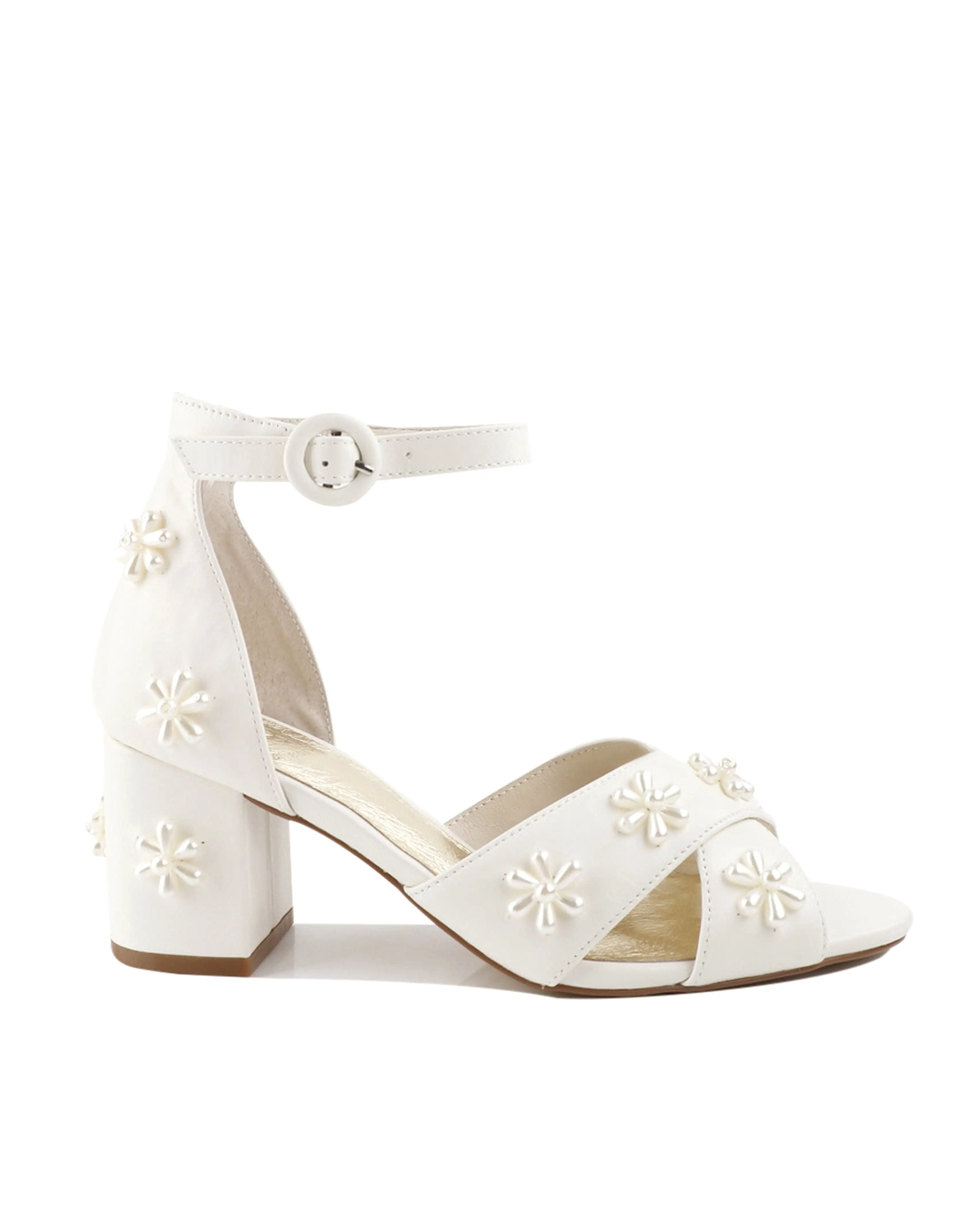 DAISY - IVORY LEATHER PEARL FLOWER HEELS