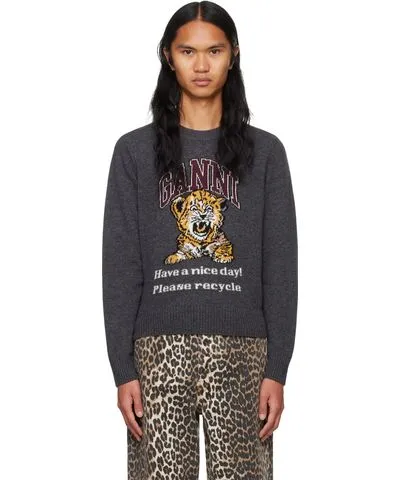 Ganni Gray Graphic Tiger Sweater