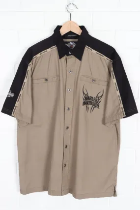 HARLEY DAVIDSON Khaki & Black Y2K Short Sleeve Shirt (XL)