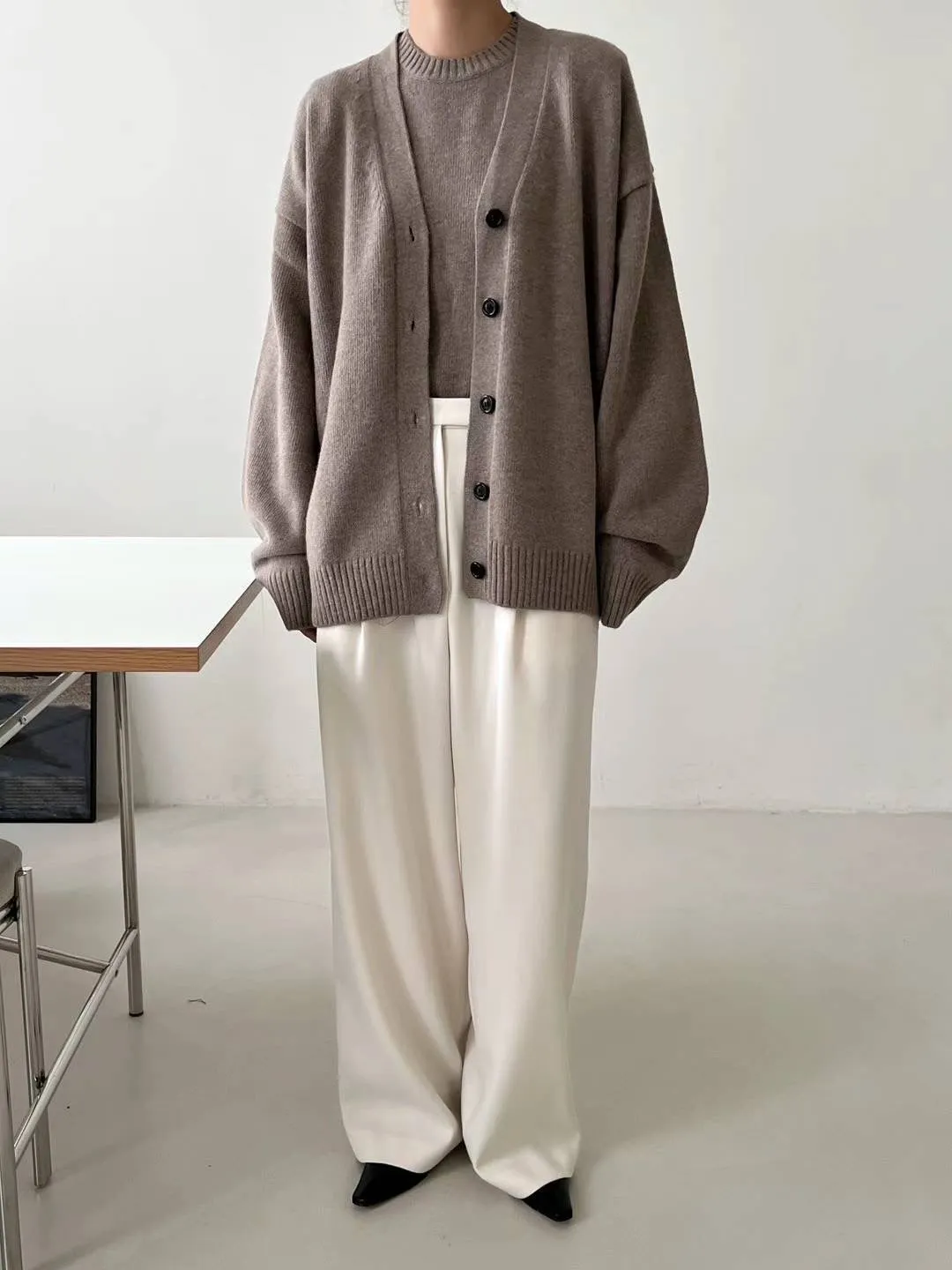 Luna Beige Relaxed Wool Cardigan