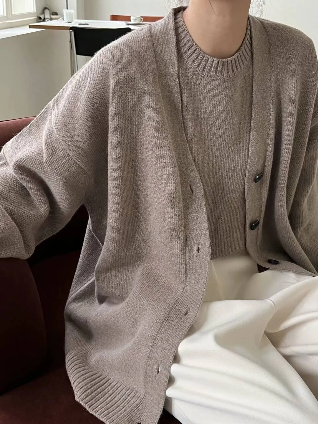 Luna Beige Relaxed Wool Cardigan