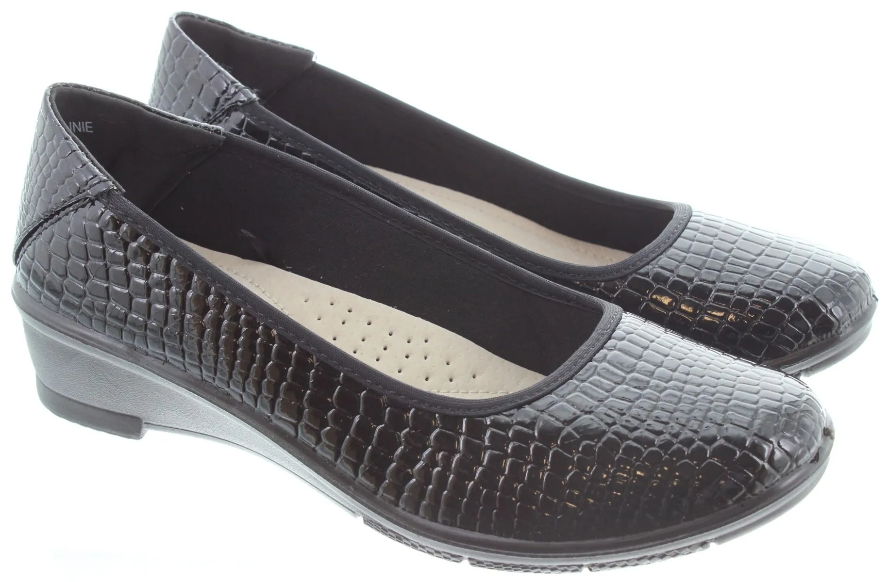 LUNAR Ladies Winnie Low Wedge Shoes In Black Patent