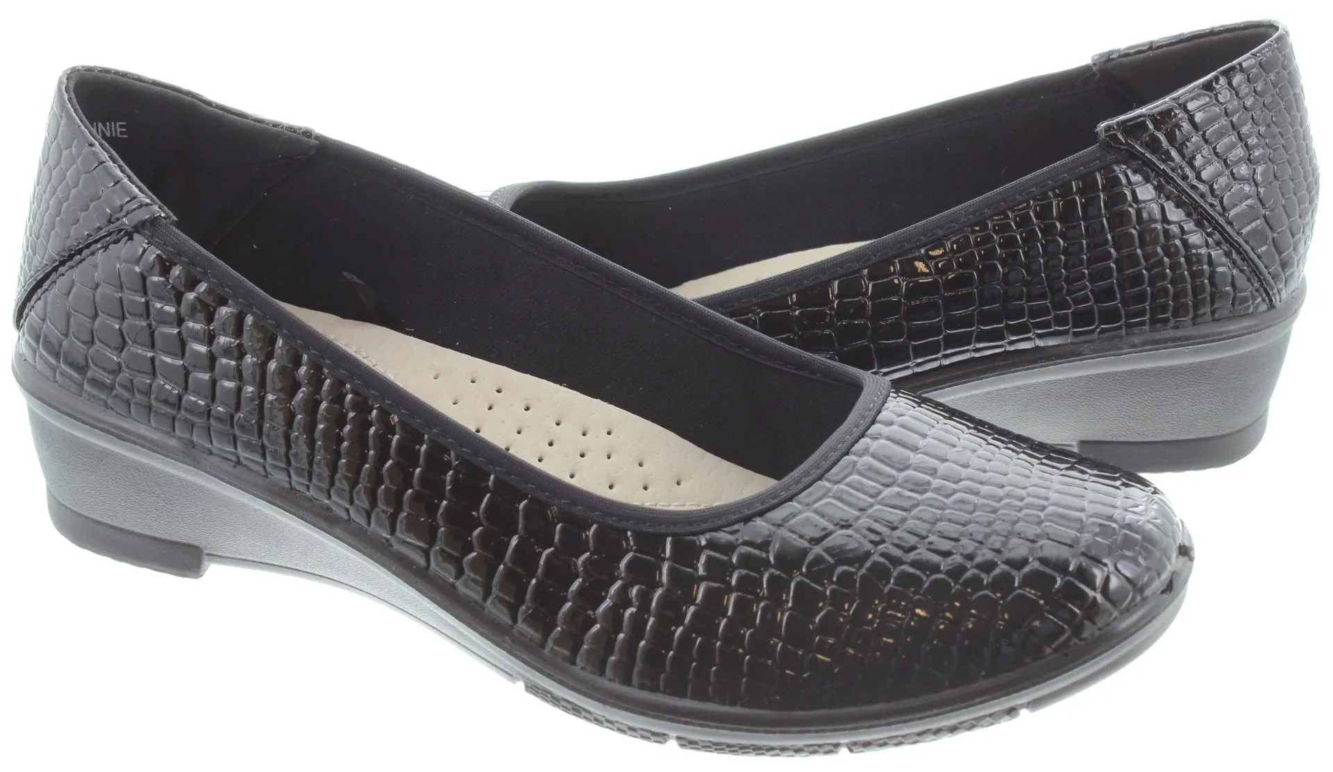 LUNAR Ladies Winnie Low Wedge Shoes In Black Patent