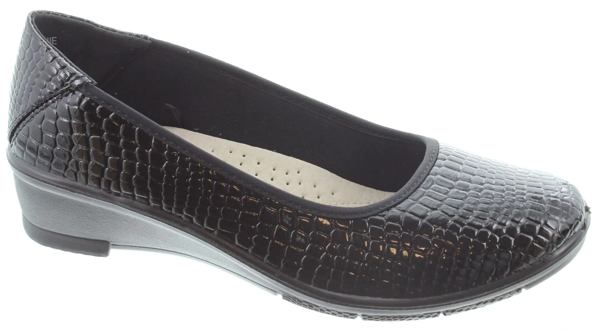 LUNAR Ladies Winnie Low Wedge Shoes In Black Patent