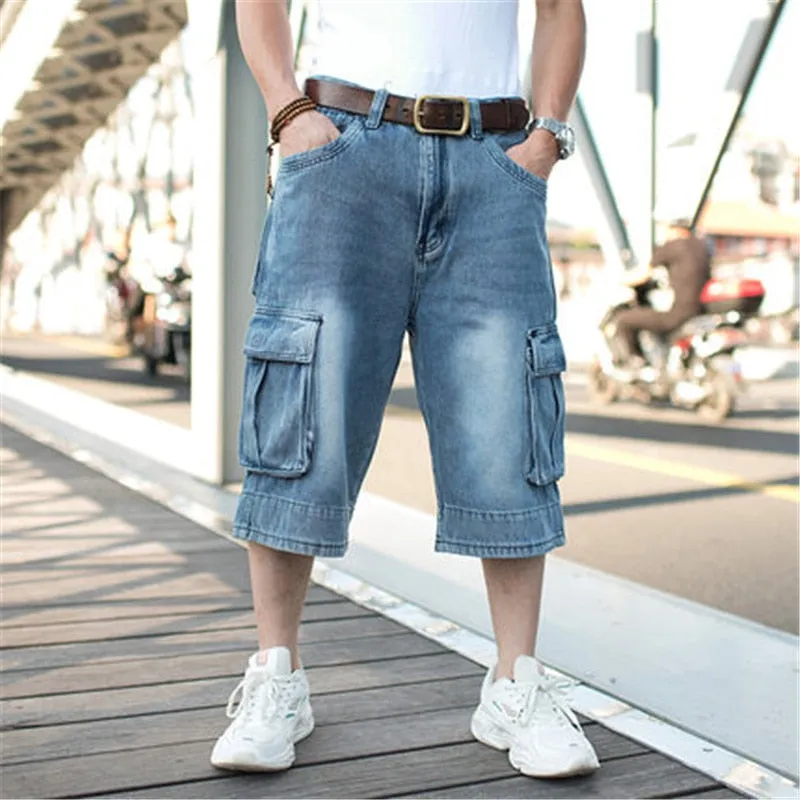 Men's Summer Oversized Curly Cropped Cargo Jean Shorts Bottoms