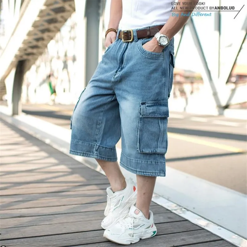 Men's Summer Oversized Curly Cropped Cargo Jean Shorts Bottoms