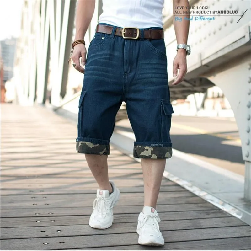 Men's Summer Oversized Curly Cropped Cargo Jean Shorts Bottoms