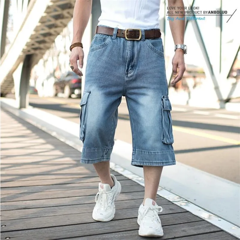 Men's Summer Oversized Curly Cropped Cargo Jean Shorts Bottoms