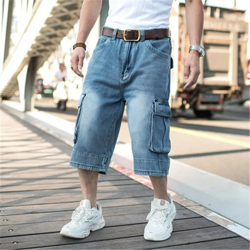 Men's Summer Oversized Curly Cropped Cargo Jean Shorts Bottoms