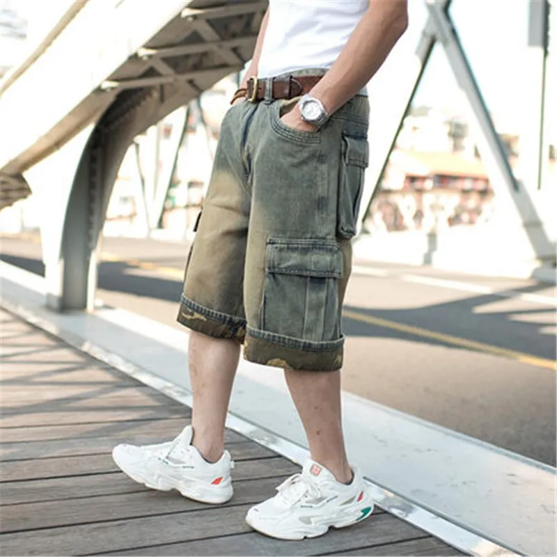 Men's Summer Oversized Curly Cropped Cargo Jean Shorts Bottoms