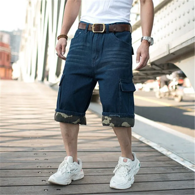 Men's Summer Oversized Curly Cropped Cargo Jean Shorts Bottoms