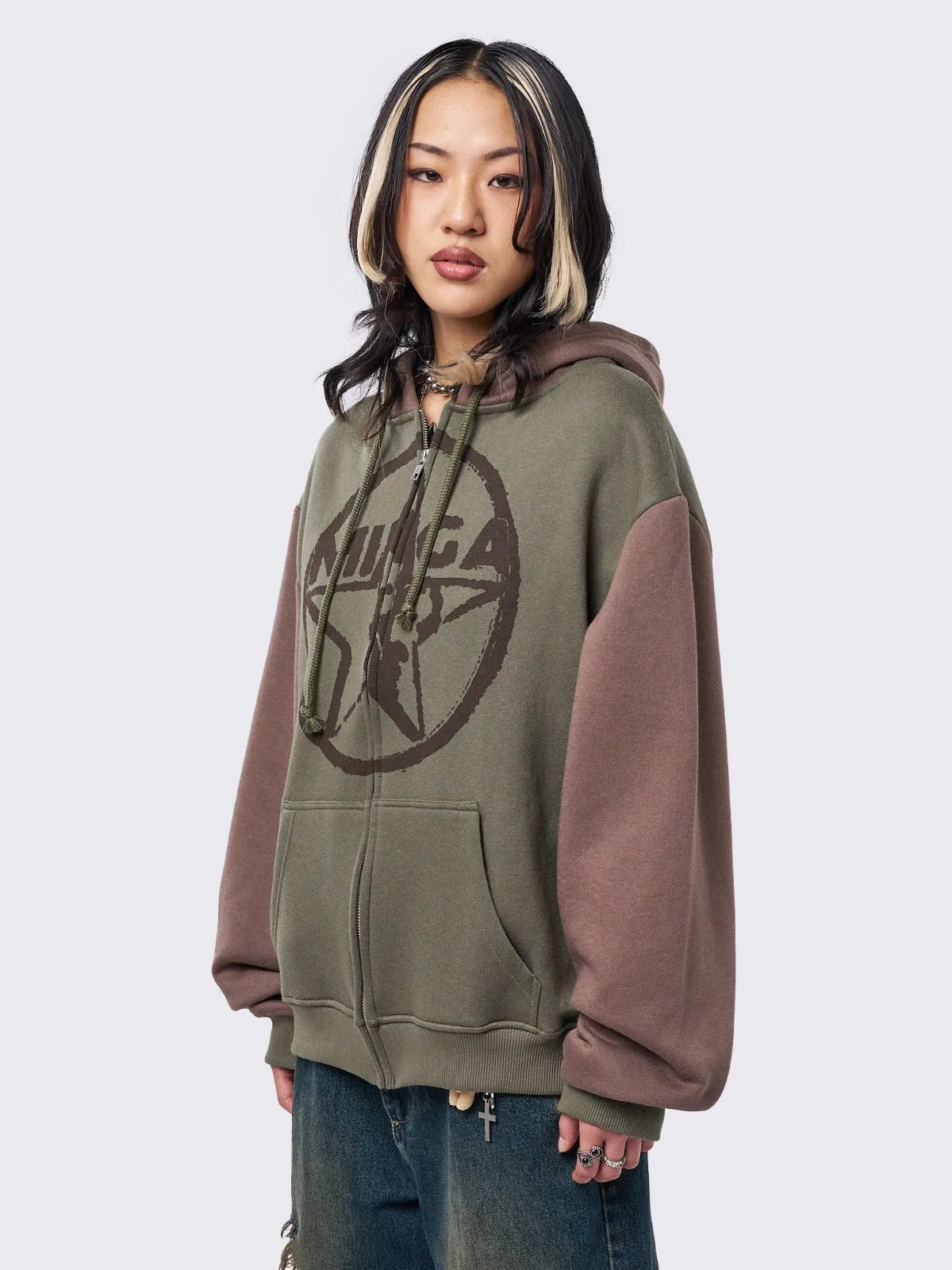 Minga Star Khaki Brown Zip Up Hoodie