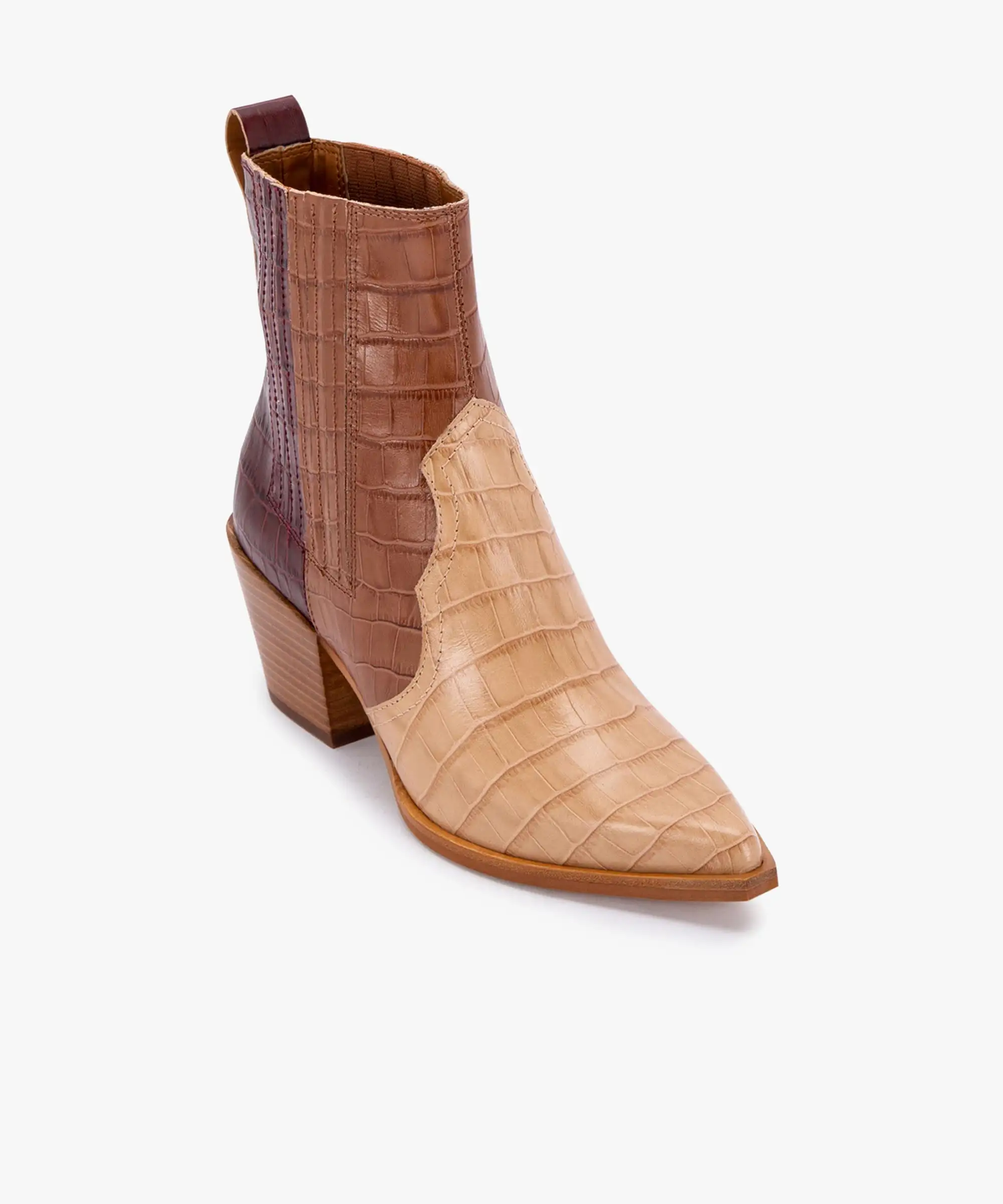 SERNA BOOTIES IN BROWN MULTI CROCO PRINT LEATHER - re:vita