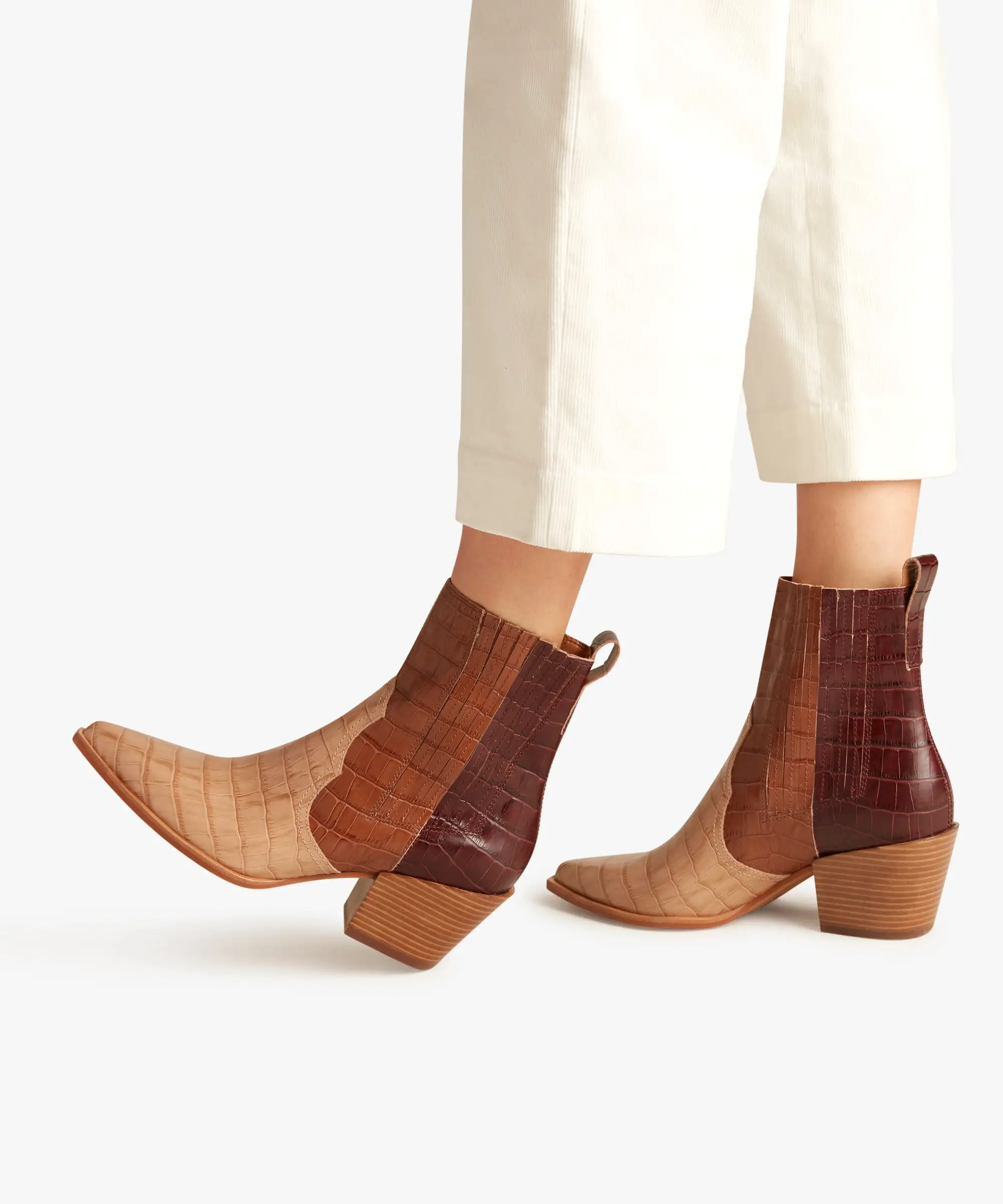 SERNA BOOTIES IN BROWN MULTI CROCO PRINT LEATHER - re:vita