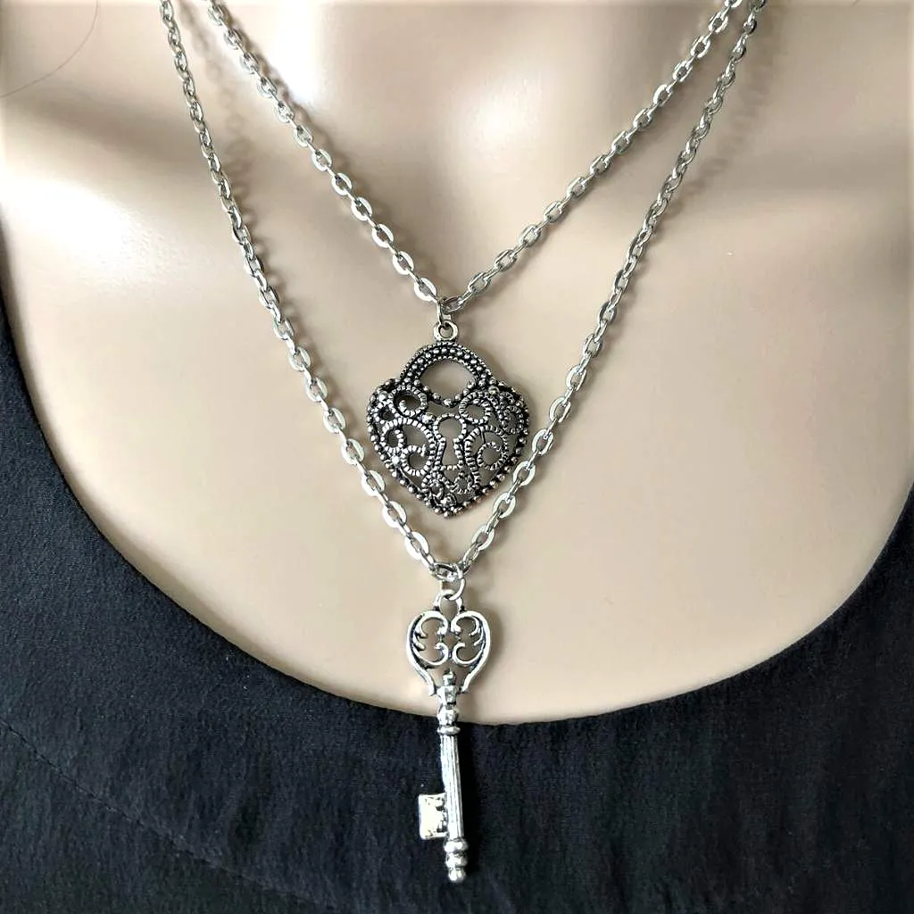 Silver Heart and Key Layered Necklace