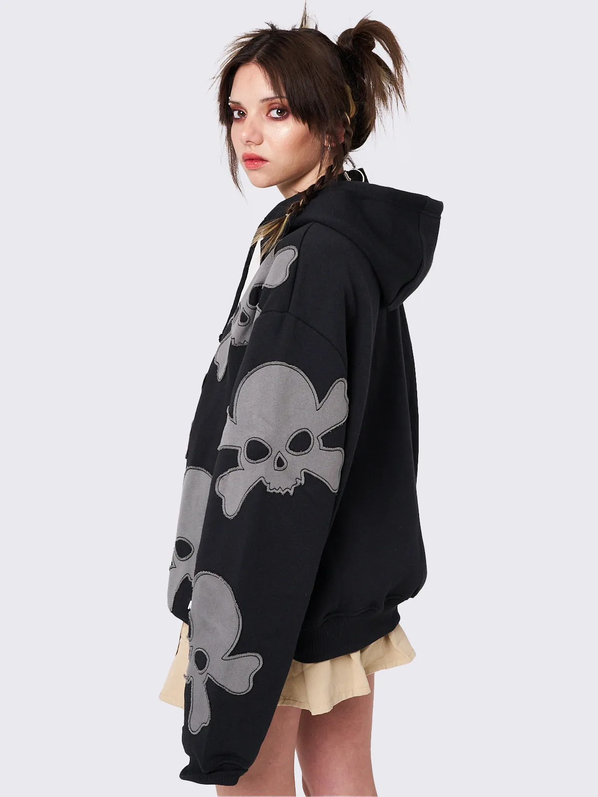 Skull Craft Patch Oversized Zip Up Hoodie