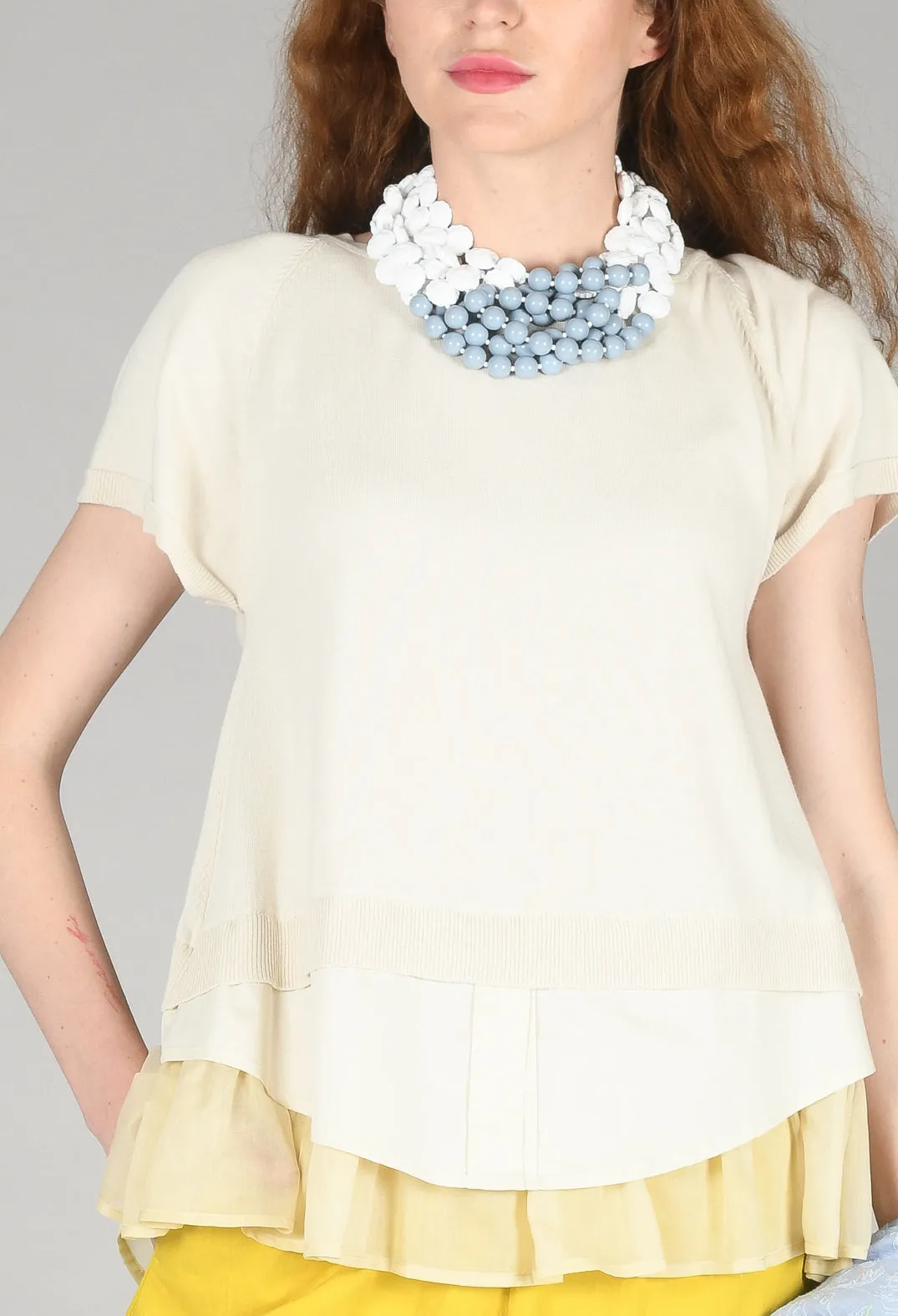 Sweater Top with Layered Hem in Cream