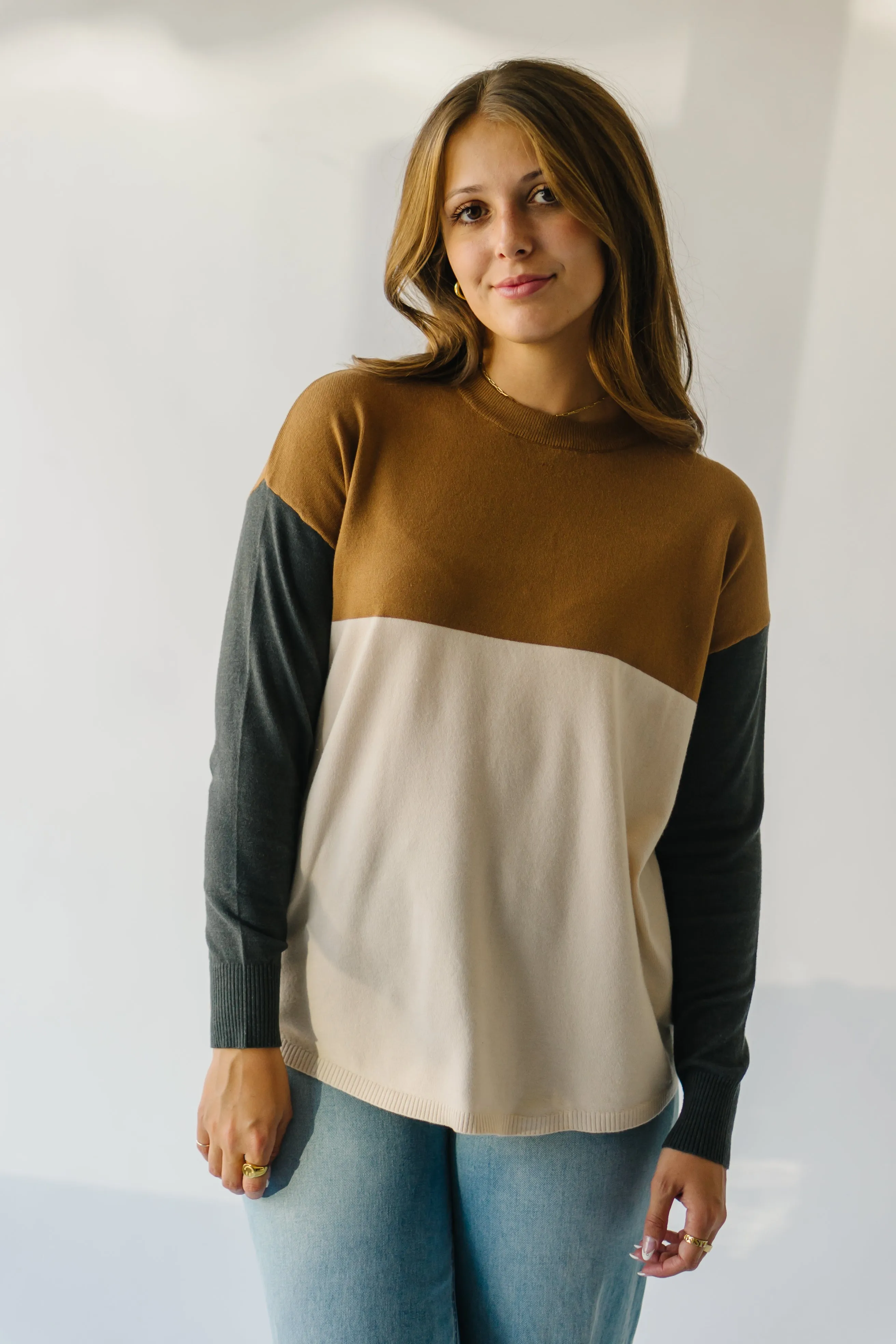 The Goodland Colorblock Sweater in Camel + Charcoal