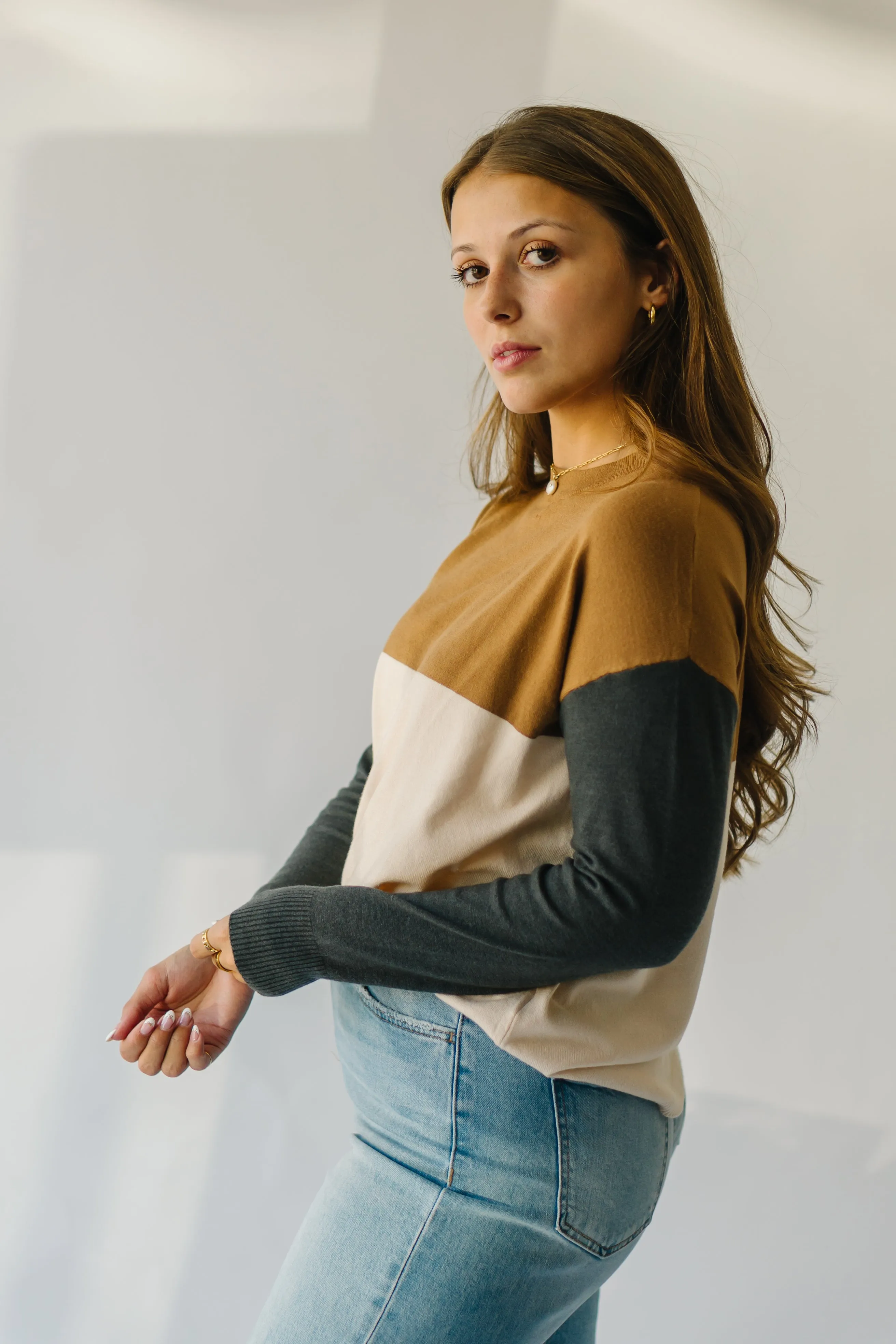 The Goodland Colorblock Sweater in Camel + Charcoal