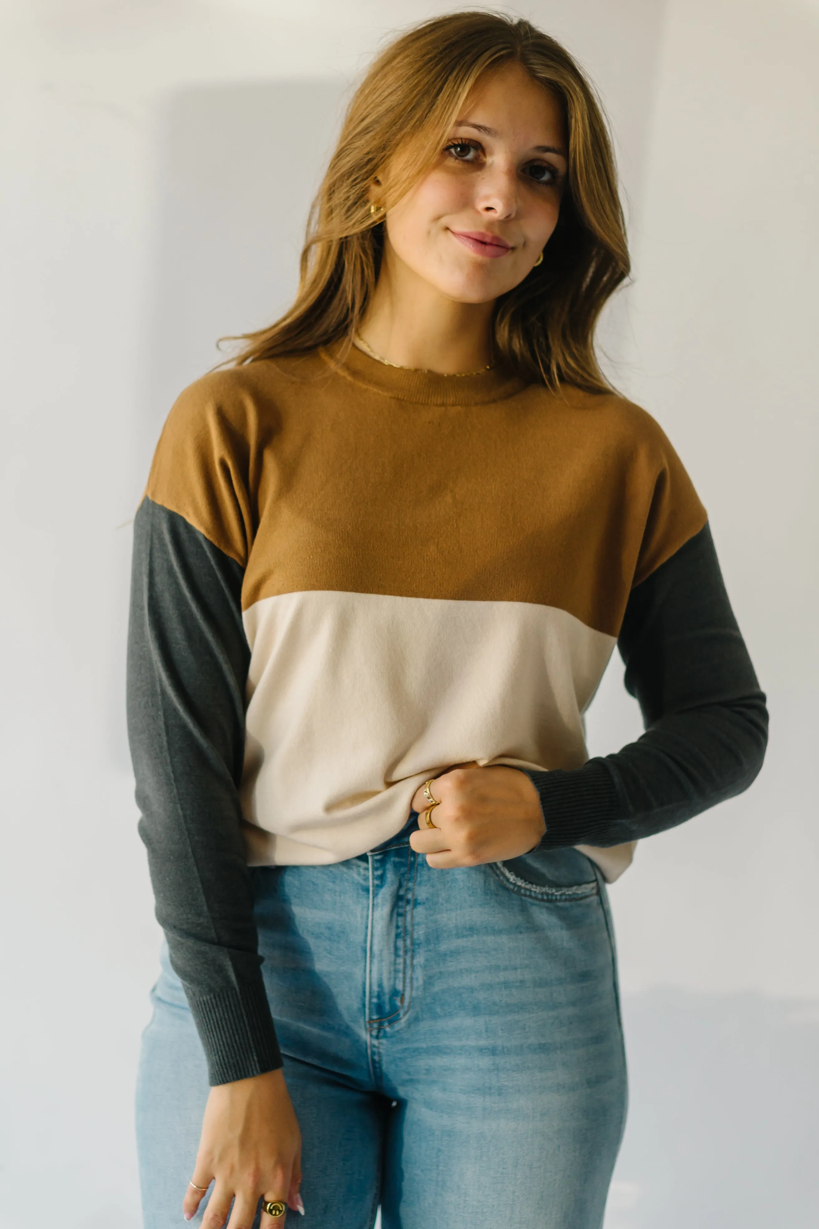 The Goodland Colorblock Sweater in Camel + Charcoal