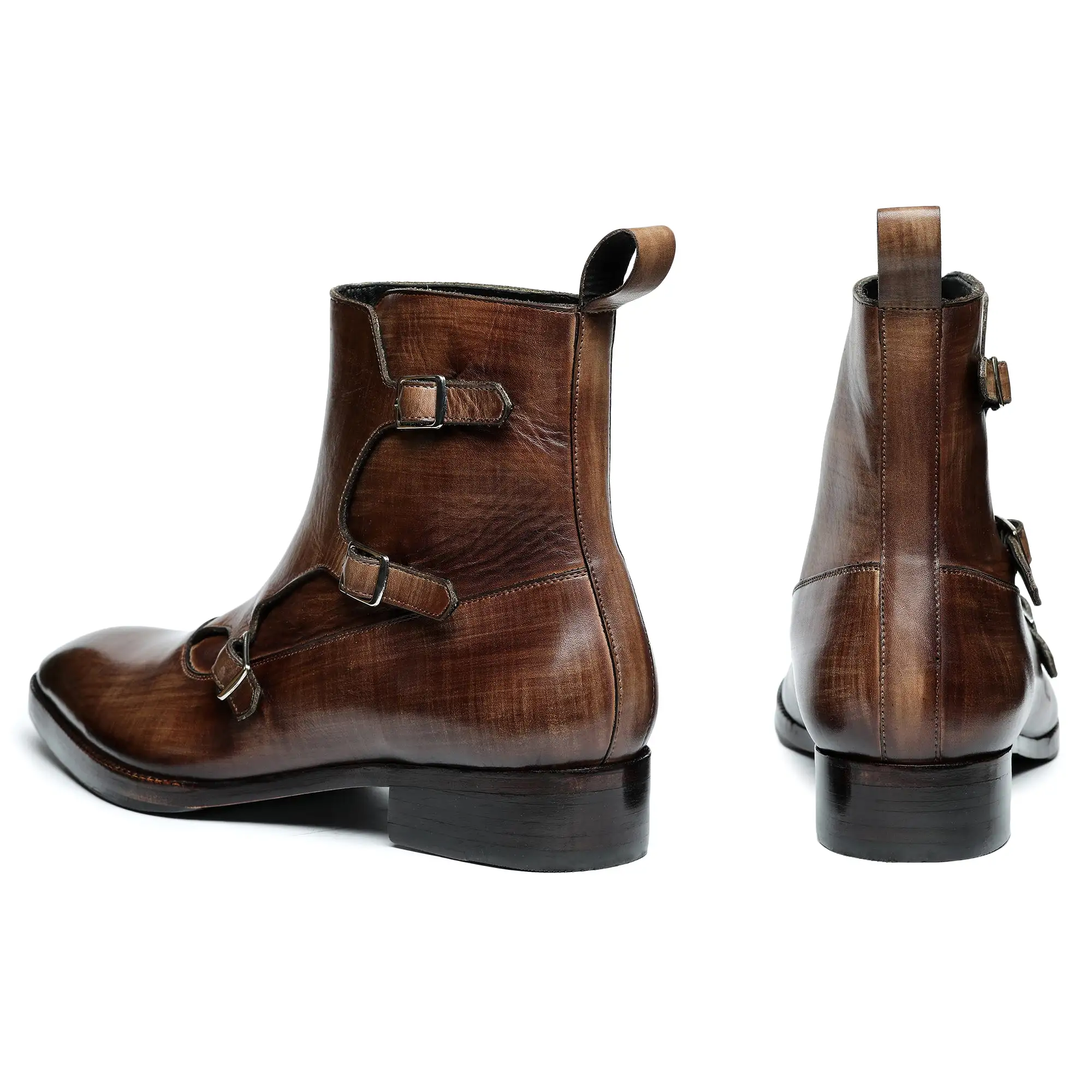 Triple Monk Strap Boots - Brown