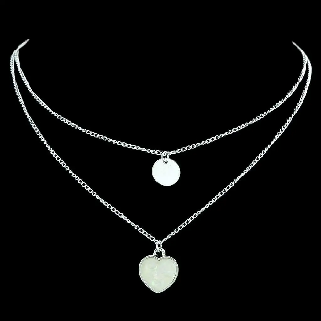 Two Layered Heart and Disc Silver Necklaces