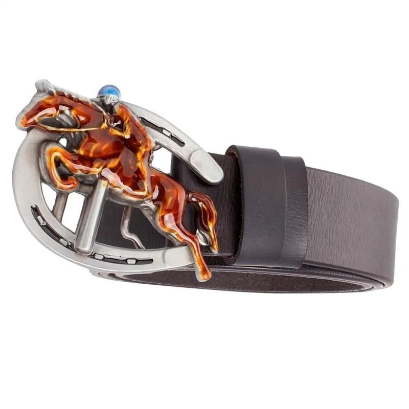 Unisex Novelty Horse Racing Equestrian Sport Riding Cow Metal Buckle Belt