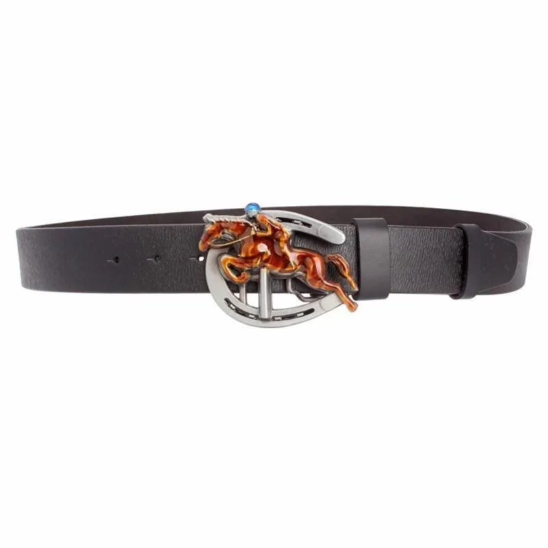 Unisex Novelty Horse Racing Equestrian Sport Riding Cow Metal Buckle Belt