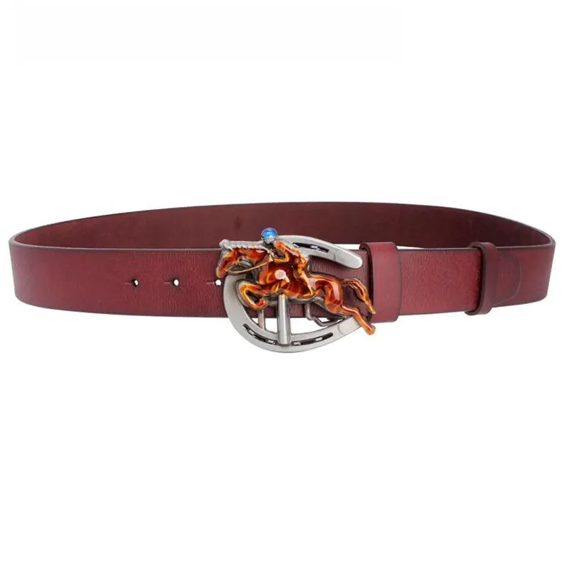 Unisex Novelty Horse Racing Equestrian Sport Riding Cow Metal Buckle Belt