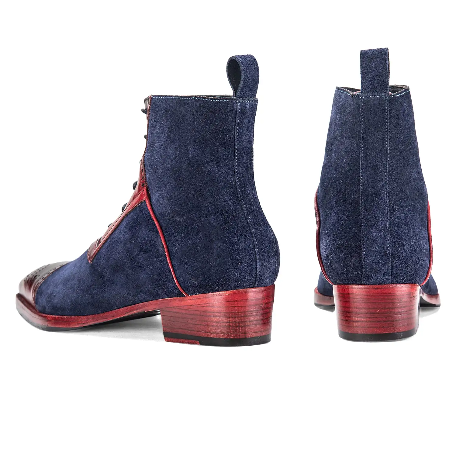 Wingtip Lace Up Ankle Boots - Navy Suede & Burgundy