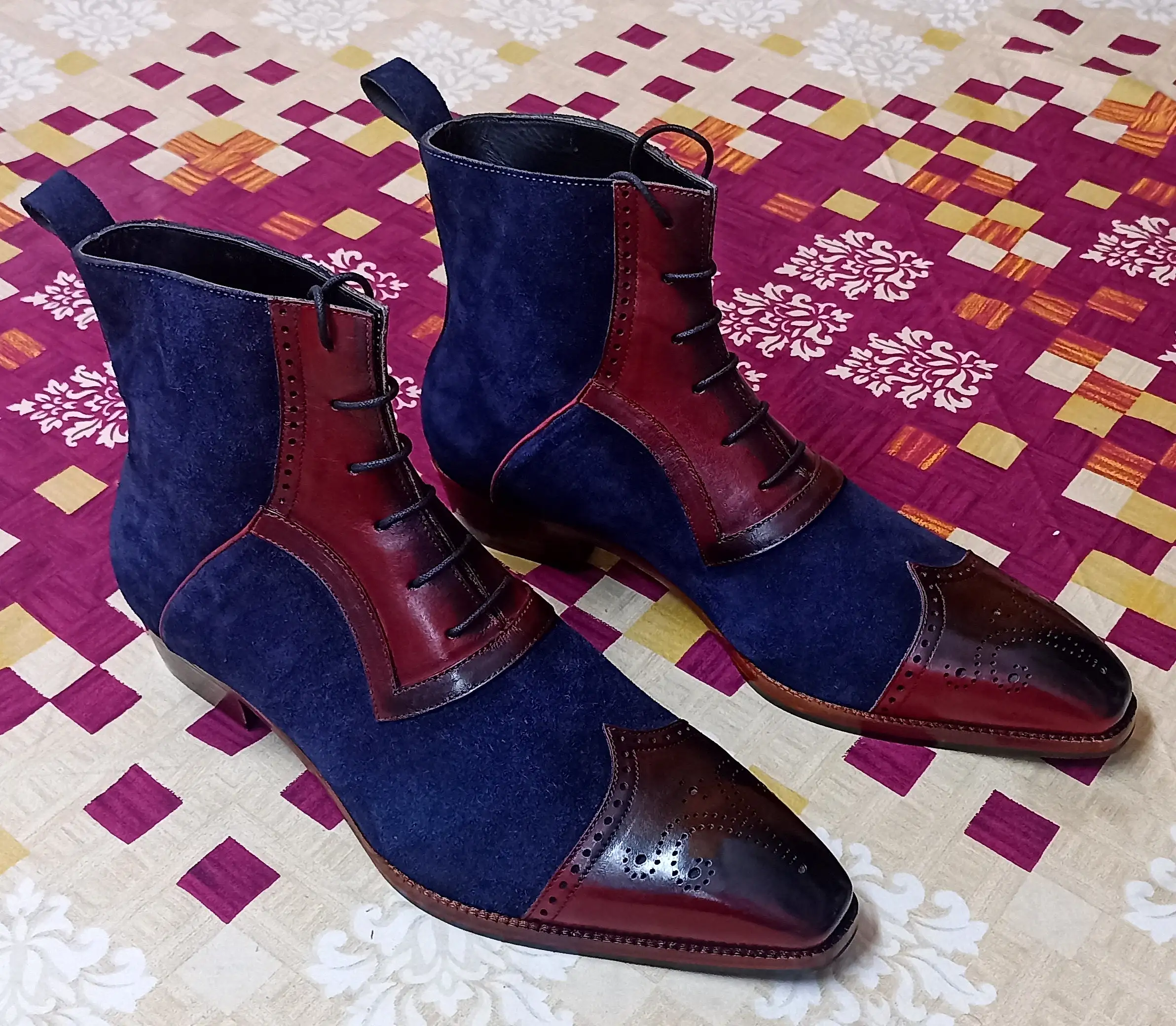 Wingtip Lace Up Ankle Boots - Navy Suede & Burgundy