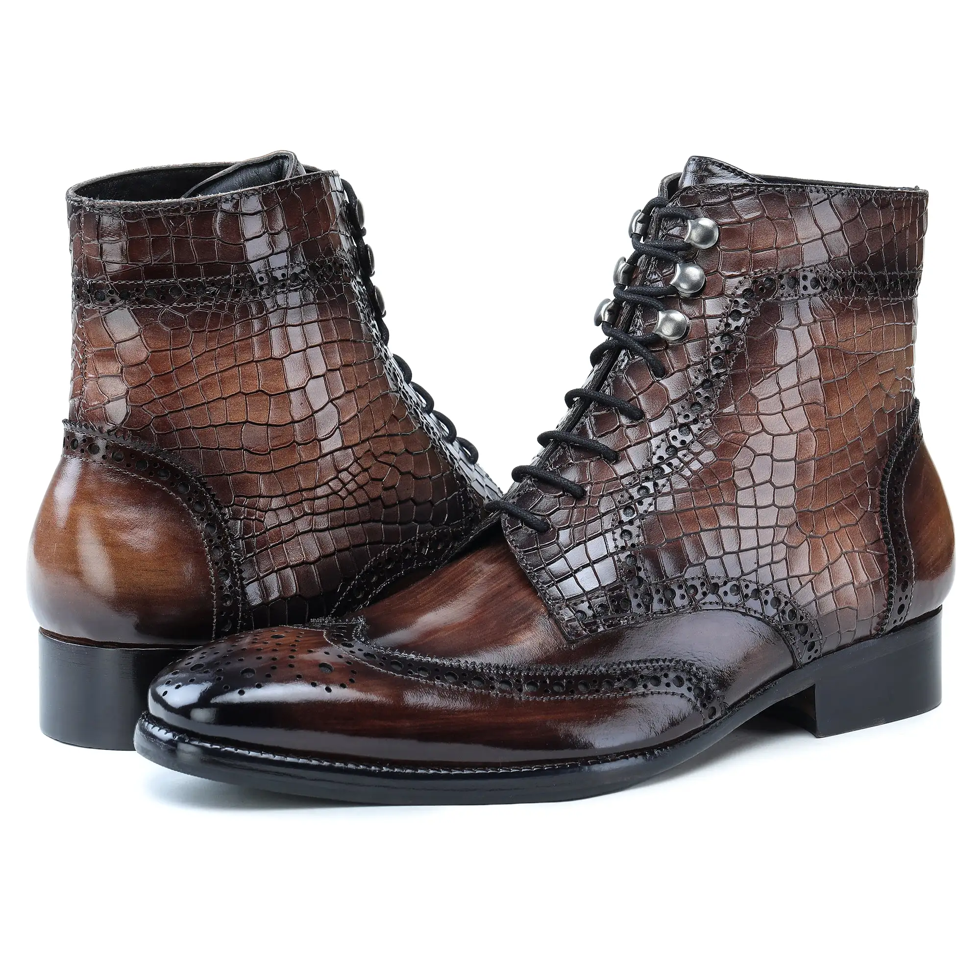 Wingtip Lace Up Boots- Croc Brown