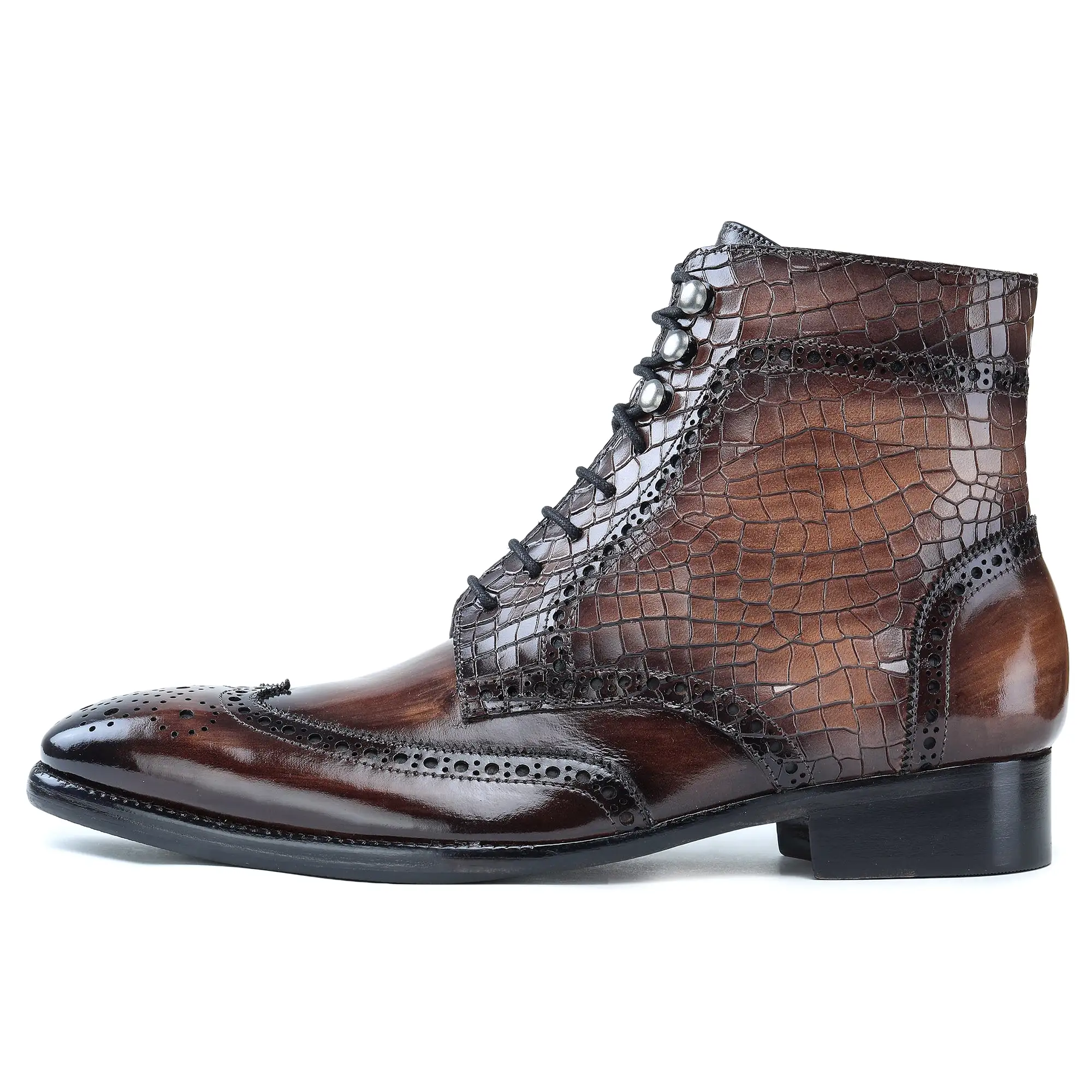 Wingtip Lace Up Boots- Croc Brown